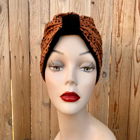 Tootie's Turbans - Black Velvet & Brown Polka Dot Reversible