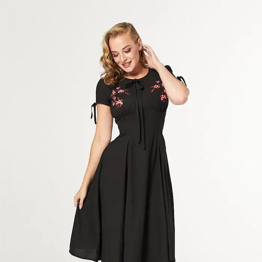 Embroidered 40's Style Black Dress