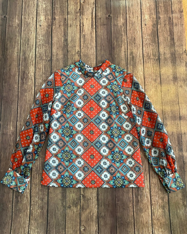60s Long Sleeve Patchwork Print Blouse