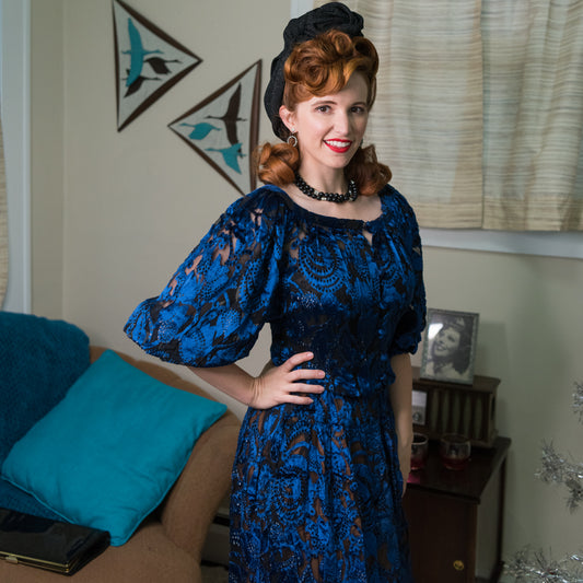 Vintage Black & Blue Jacquard Dress