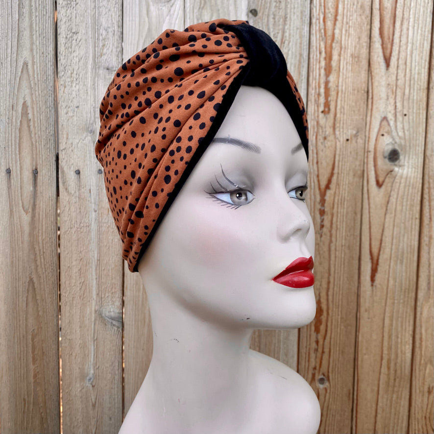 Tootie's Turbans - Black Velvet & Brown Polka Dot Reversible