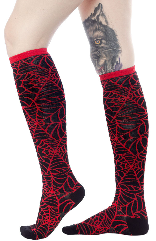 Red Spiderweb Knee Socks